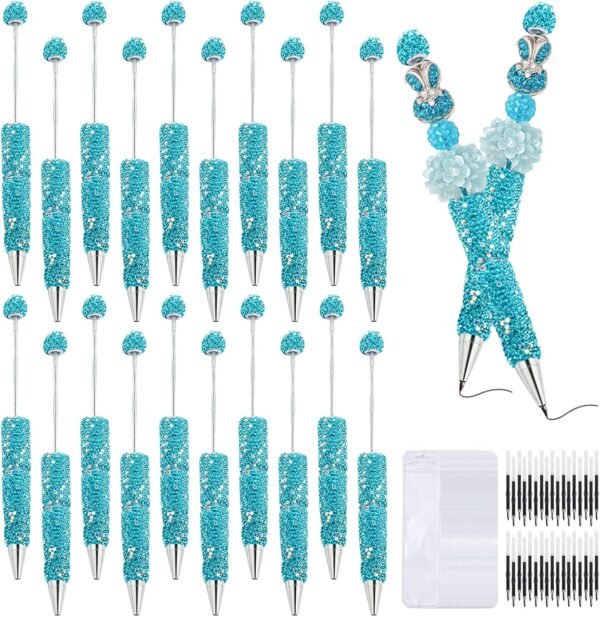 Rhinestone Beadable Pens Bulk Set – Diamond Pens with Refills & Bags, Beaded Pen Kit for DIY Pen, School Projects, Office, Crafts, Ballpoint Making Supplies for Teachers & Teens (Sky Blue)